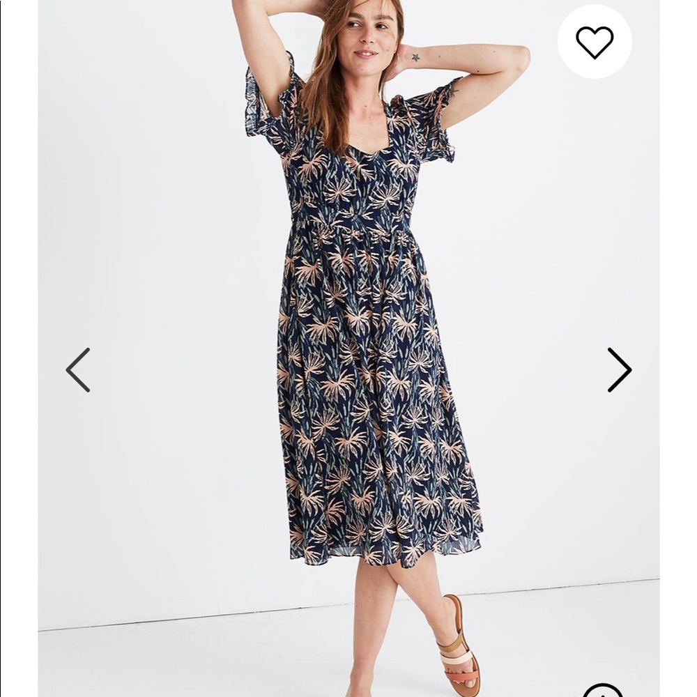 Madewell- ruffle-sleeve midi dress in oasis palms